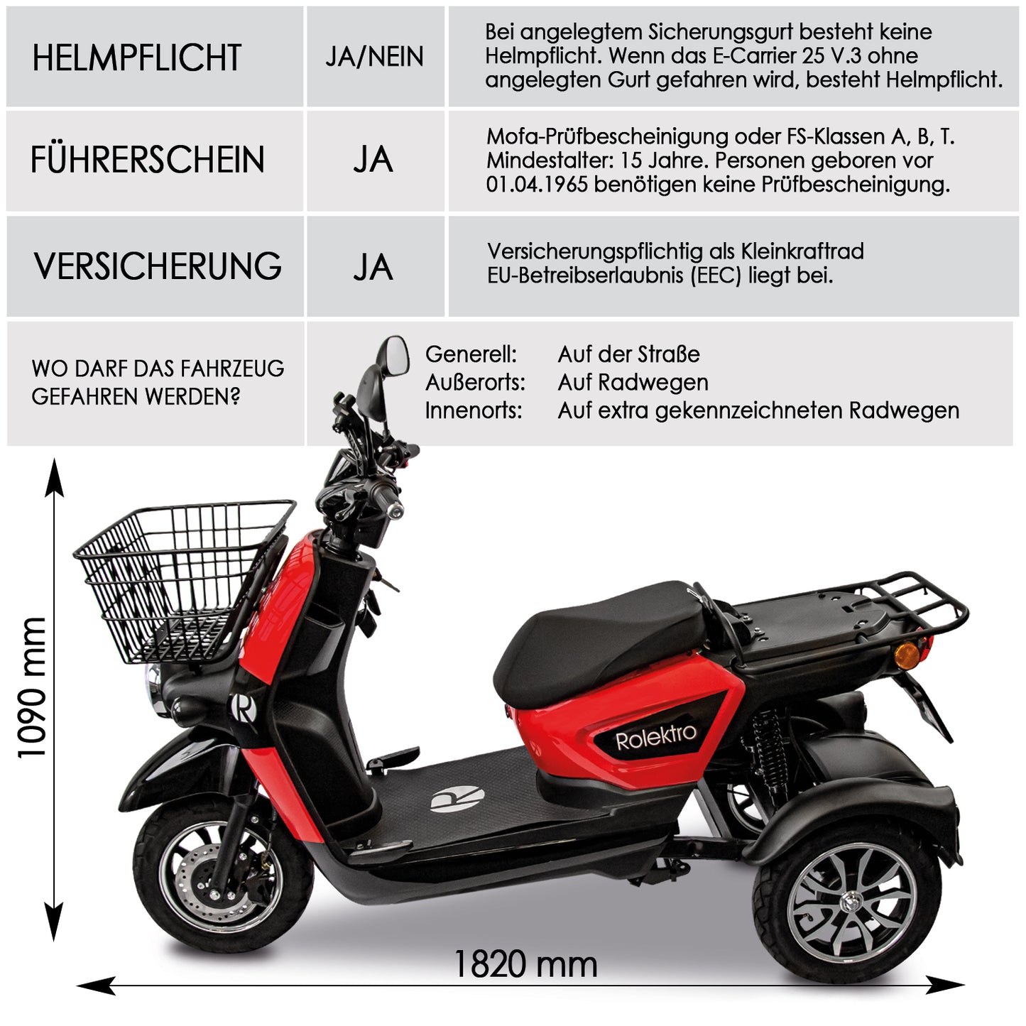 Rolektro E-Carrier 25 V.3 Lithium, Rot, ohne Koffer, 25 km/h